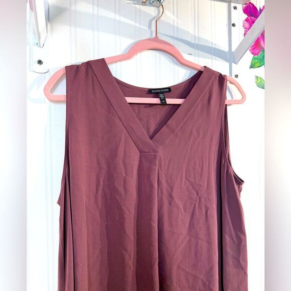 Eileen Fisher Silk Georgette Crepe Pleated Dress V-Neck in Dusty Rose Sz L - Picture 3 of 6
